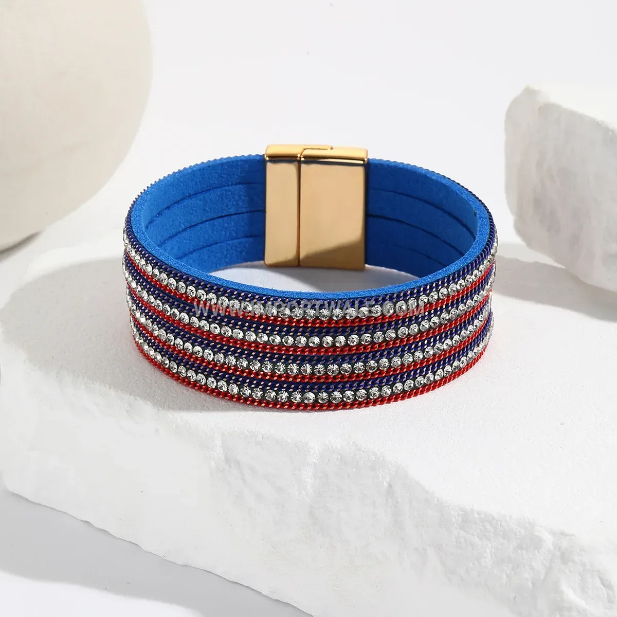 Rhinestone Layered Red White Blue Leather Magnetic Bracelet
