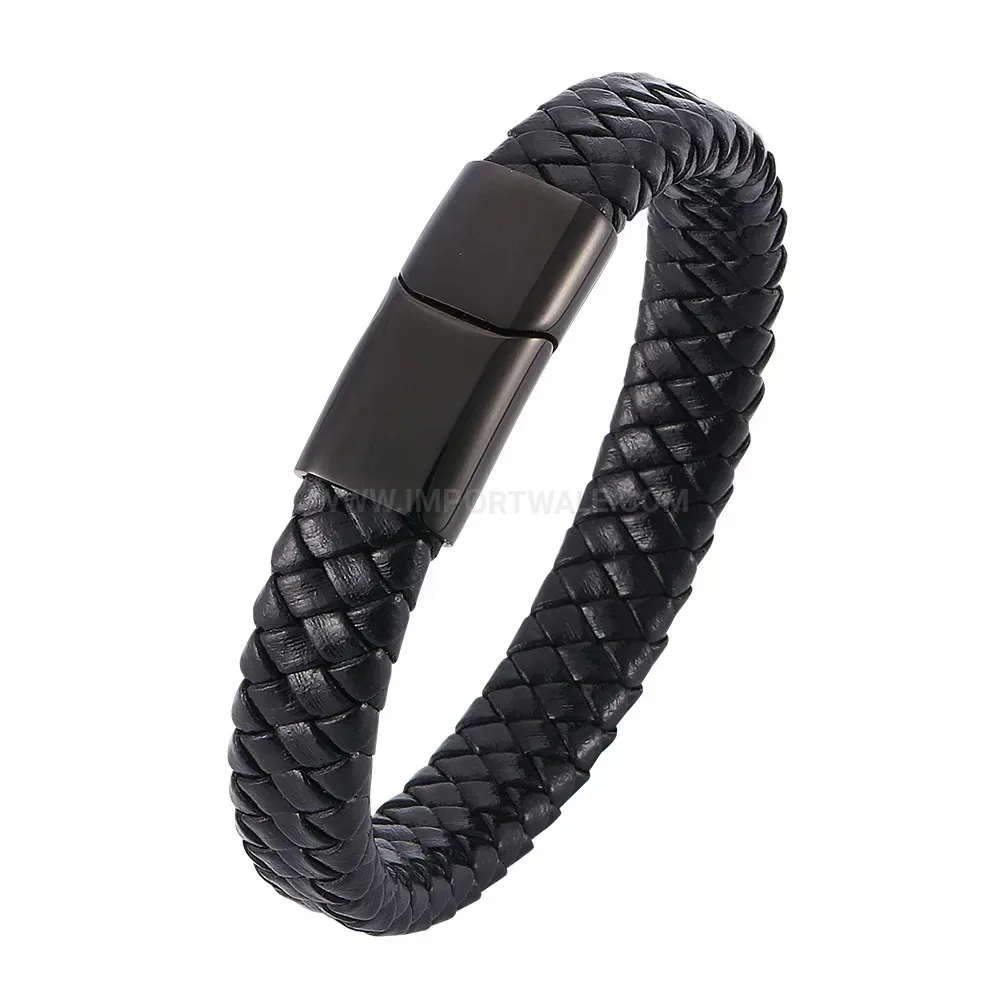 Braided Leather Wristband with Stainless Steel Magnetic Clasp Accent