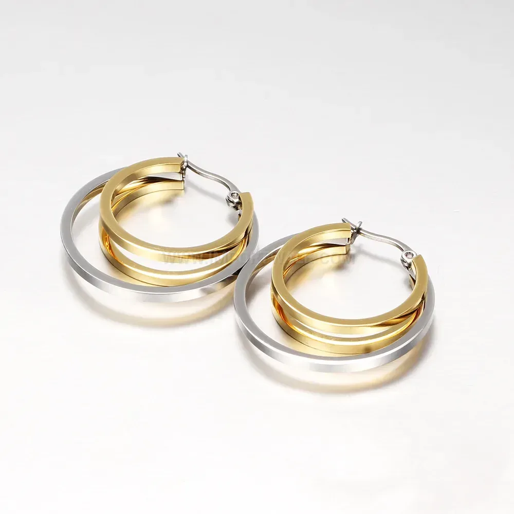 Bold Minimalist Two-Tone Hollow Cutout Stainless Steel Stud Earrings