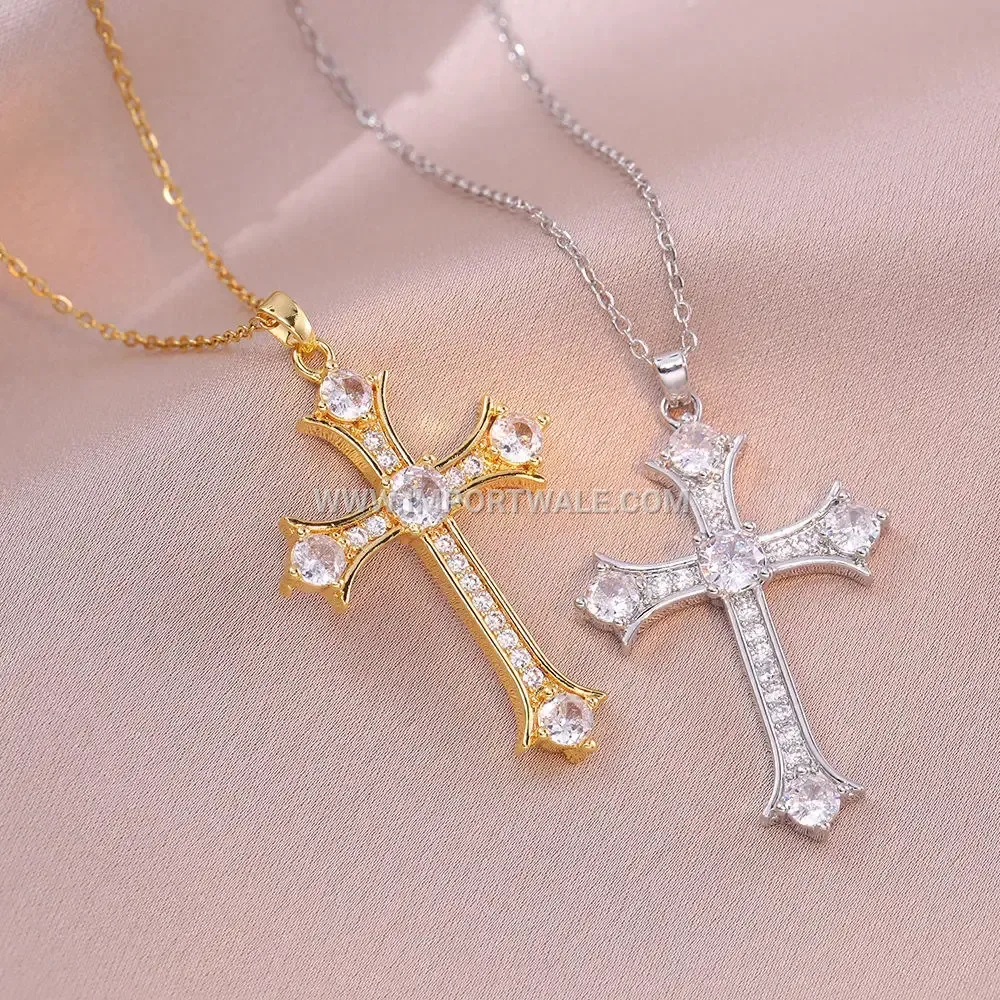 Zircon Studded Stainless Steel Cross Pendant Link Chain Necklace