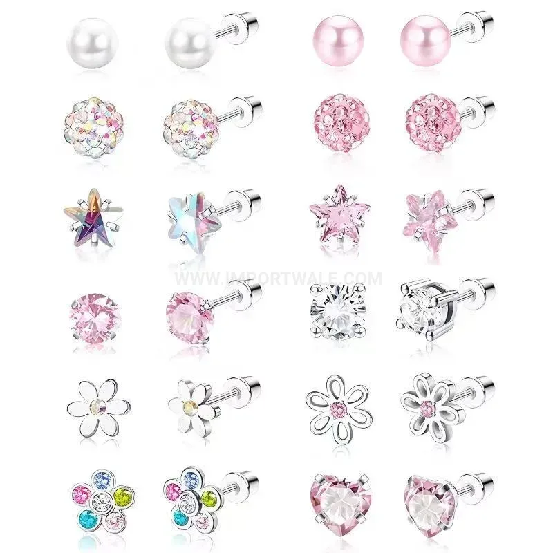 Designer Stainless Steel One Piece Clay Ball Ear Cartilage Piercing Studs Set