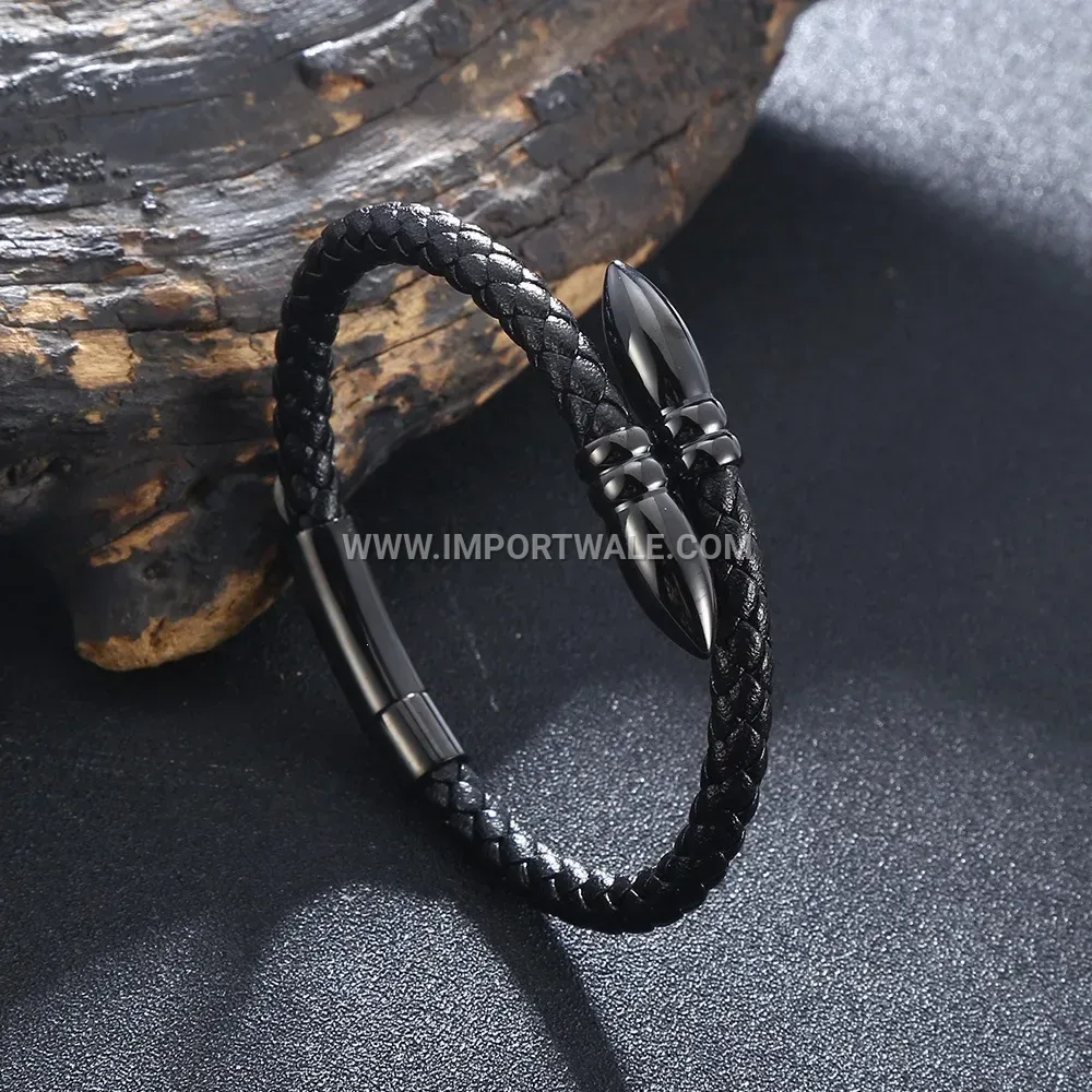 Bullet-Detail Leather Wristband with Stainless Steel Clasp