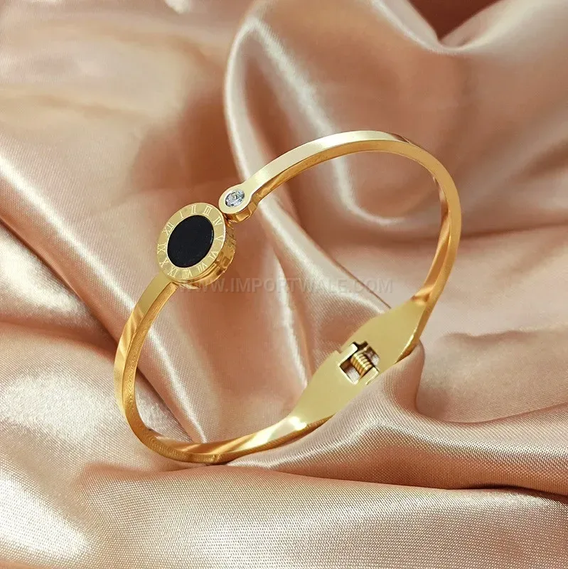 Designer Roman Numeral Black Shell Titanium Steel Cuff Bangle