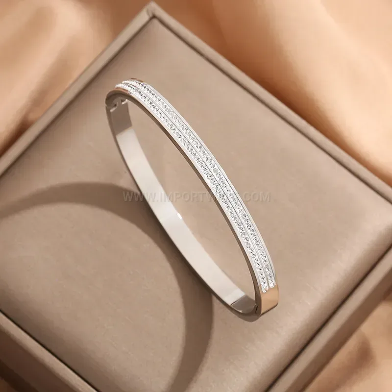 Double Row Rhinestone Plated Titanium Steel Bangle Bracelet