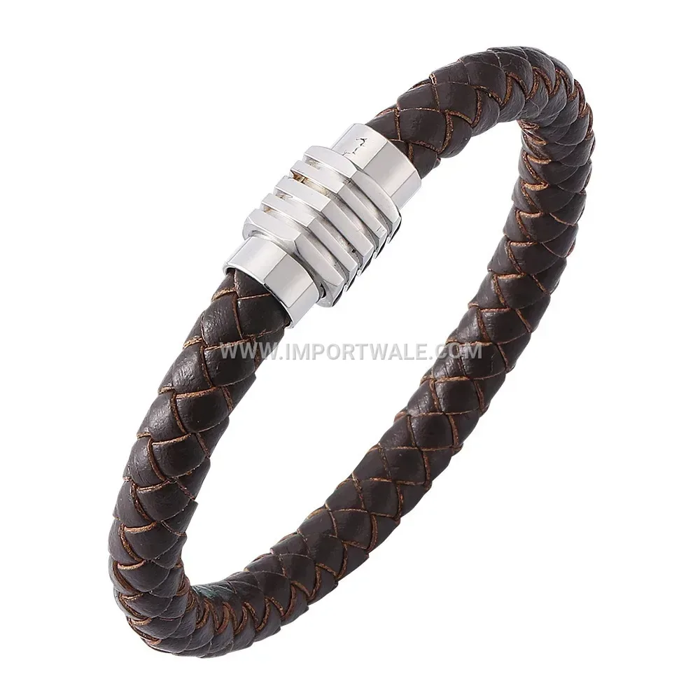 Men's Vintage Genuine Leather Stainless Steel Magnetic Clasp Wristband