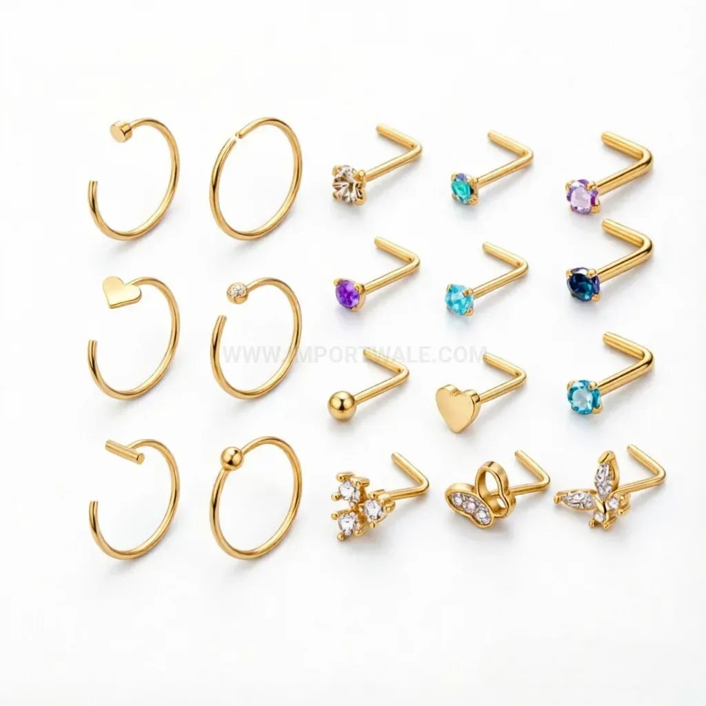 Bold Stainless Steel L Shaped Zirconia Nose Ring Set
