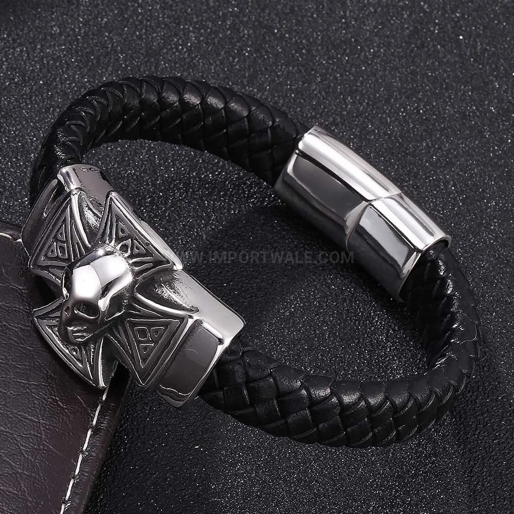 Edgy Skull Cross Stainless Steel Leather Cuff Bracelet