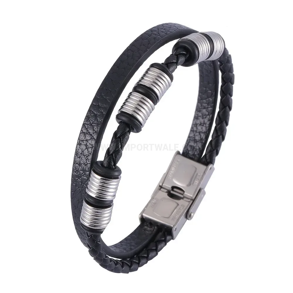 Double Strand Woven Leather Bracelet with Stainless Steel Safety Clasp