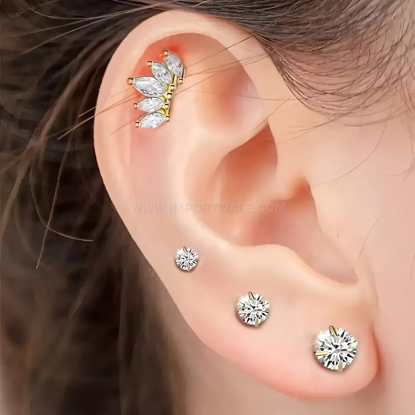 Elegant Stainless Steel Floral Vine Crystal Threaded Piercing Stud Set