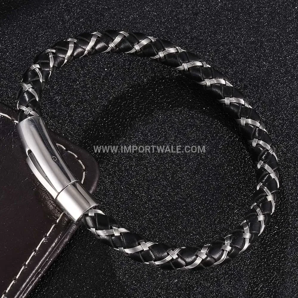 Braided Black Leather Band with Steel Wire Accent Bracelet