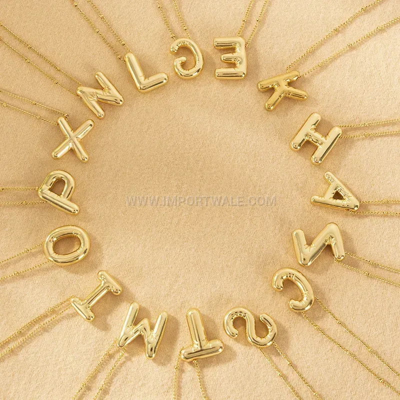Bubble Alphabet Letter Pendant Stainless Steel Gold Plated Necklace