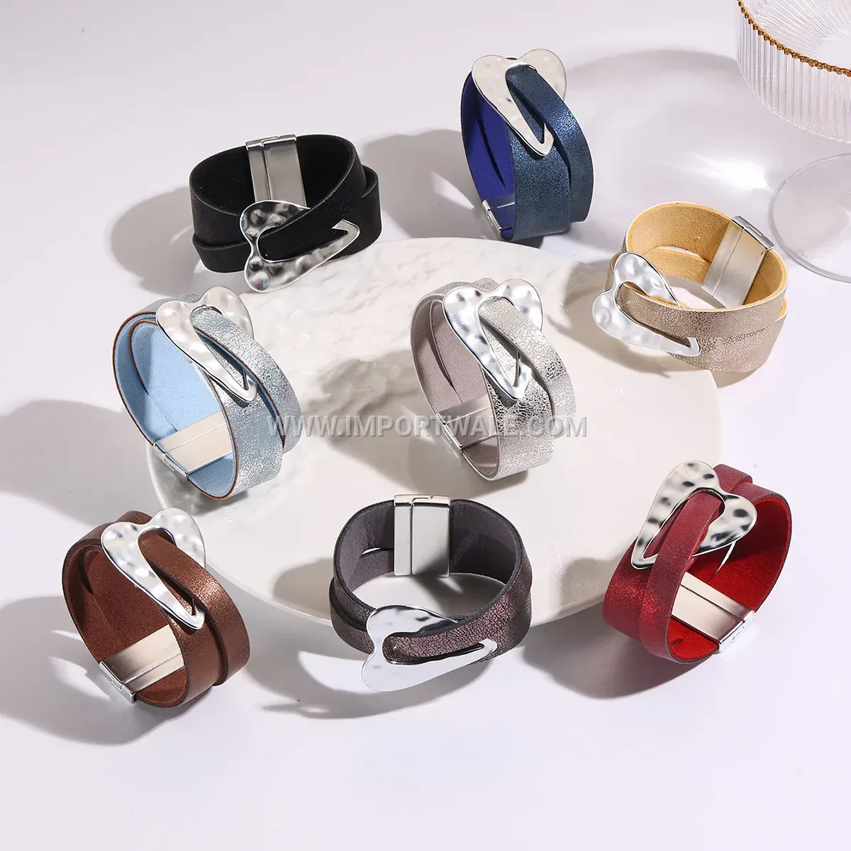 Statement Alloy Heart Charm Leather Cuff Bracelet