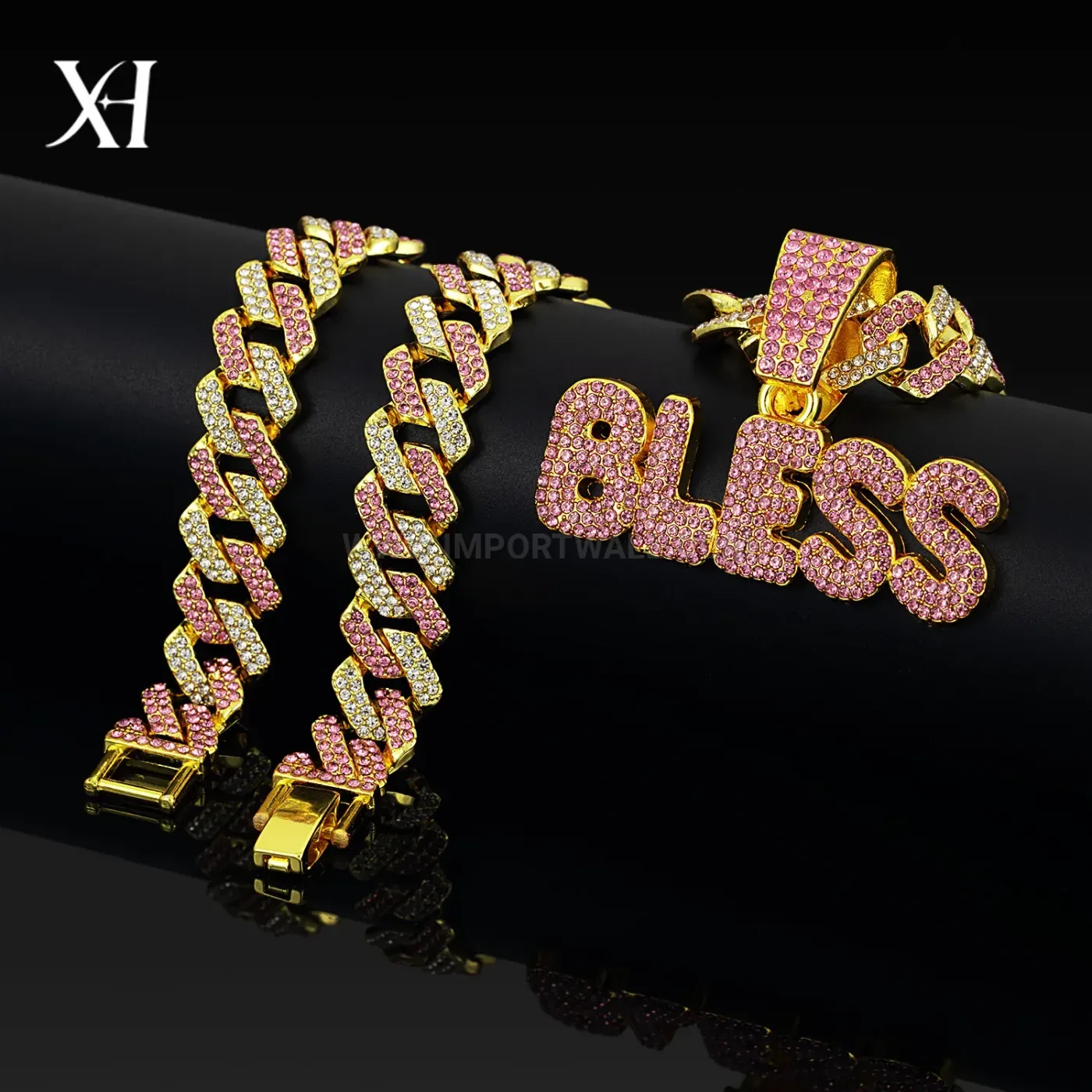 Fashion Pink Rhinestone BLESS Letter Pendant Cuban Chain Necklace