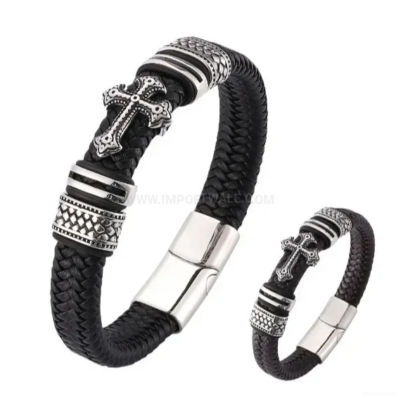 Trendy Braided Leather Stainless Steel Cross Magnetic Clasp Bracelet