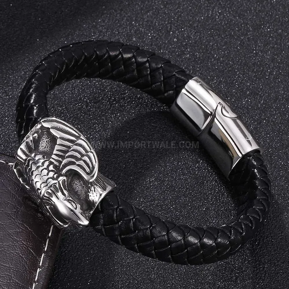 Vintage Woven Leather Eagle Stainless Steel Cuff