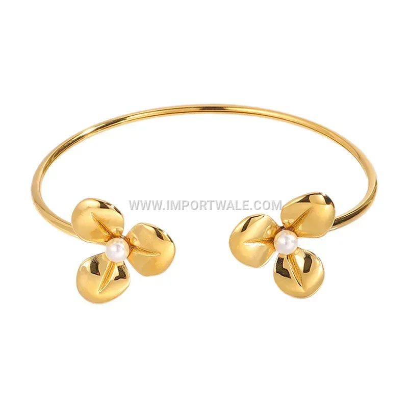 18K Gold Plated Stainless Steel Floral Pearl Bracelet