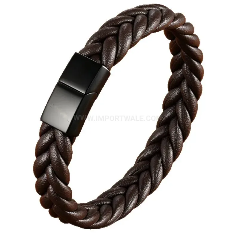 Bold Braided Brown Leather Wristband with Secure Magnetic Clasp