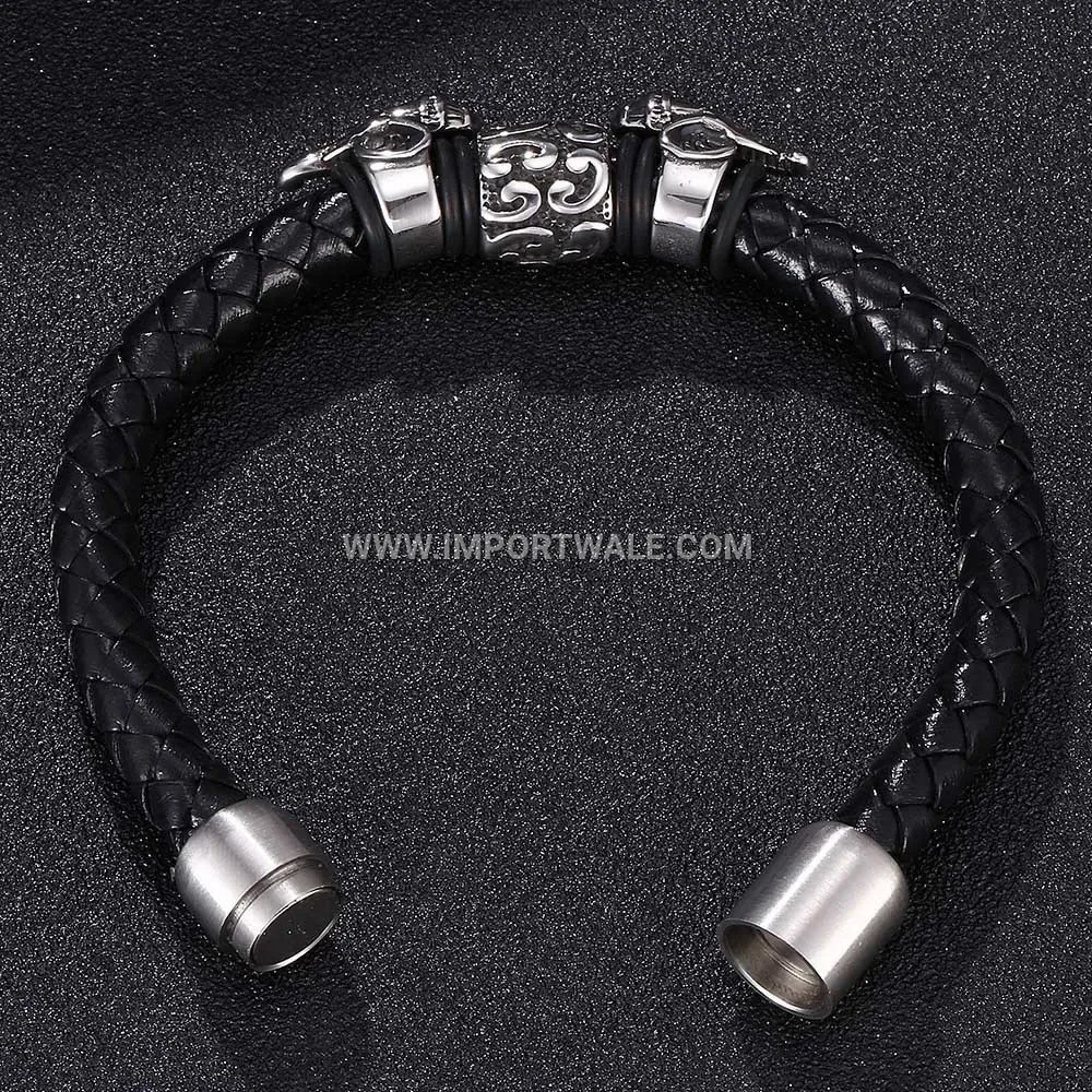 Retro Braided Leather Wristband with Stainless Steel Elephant Motif
