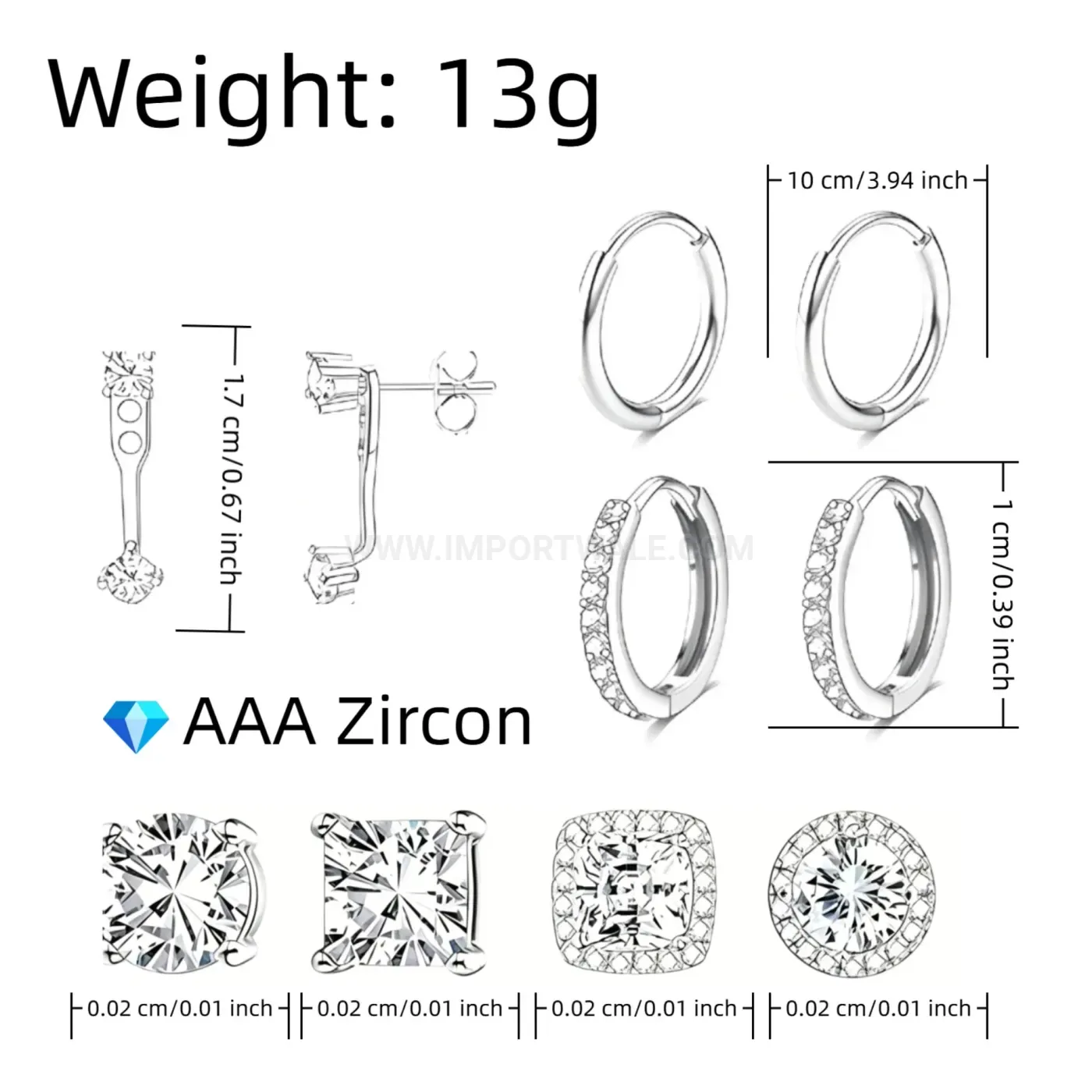 Bold Stainless Steel Square Cut Cubic Zirconia Piercing Earring Set