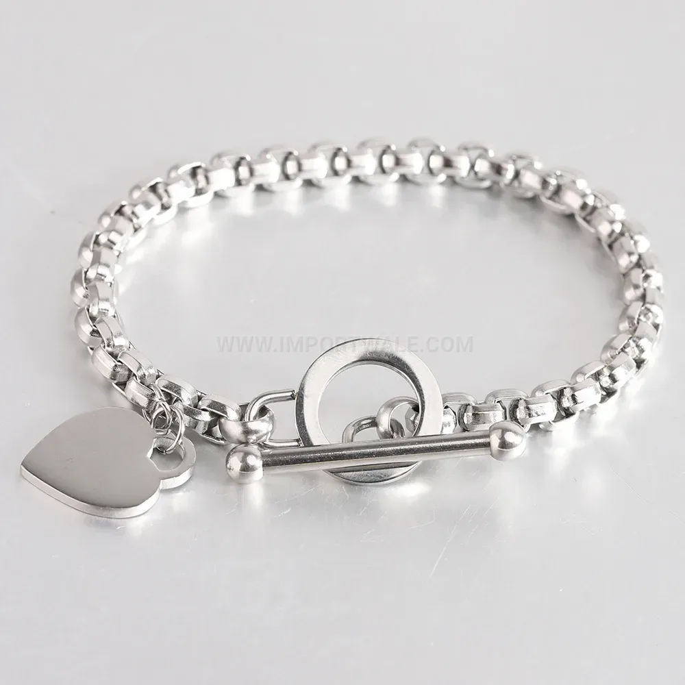 Stainless Steel Pearl Chain Bracelet with Heart OT Toggle Clasp