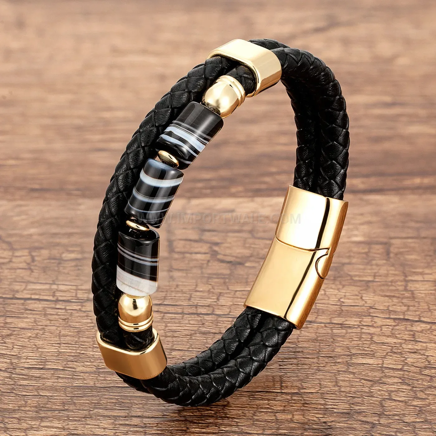 Double Layer Braided Leather Natural Stone Wristband Stainless Steel Clasp