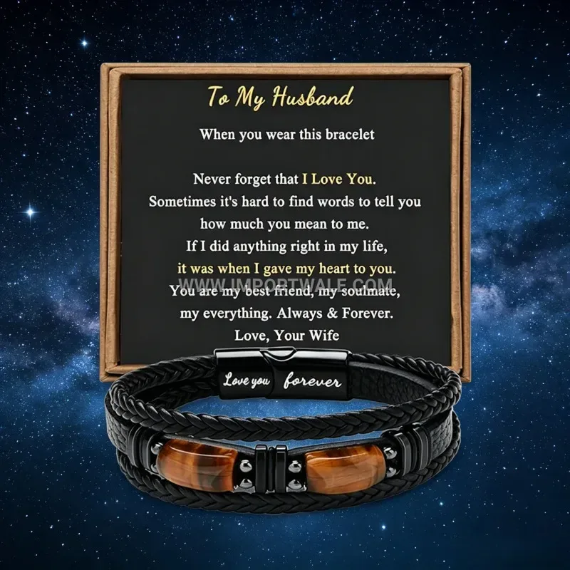 Men Braided Leather Tiger Eye Stone Wristband Clasp Gift Set