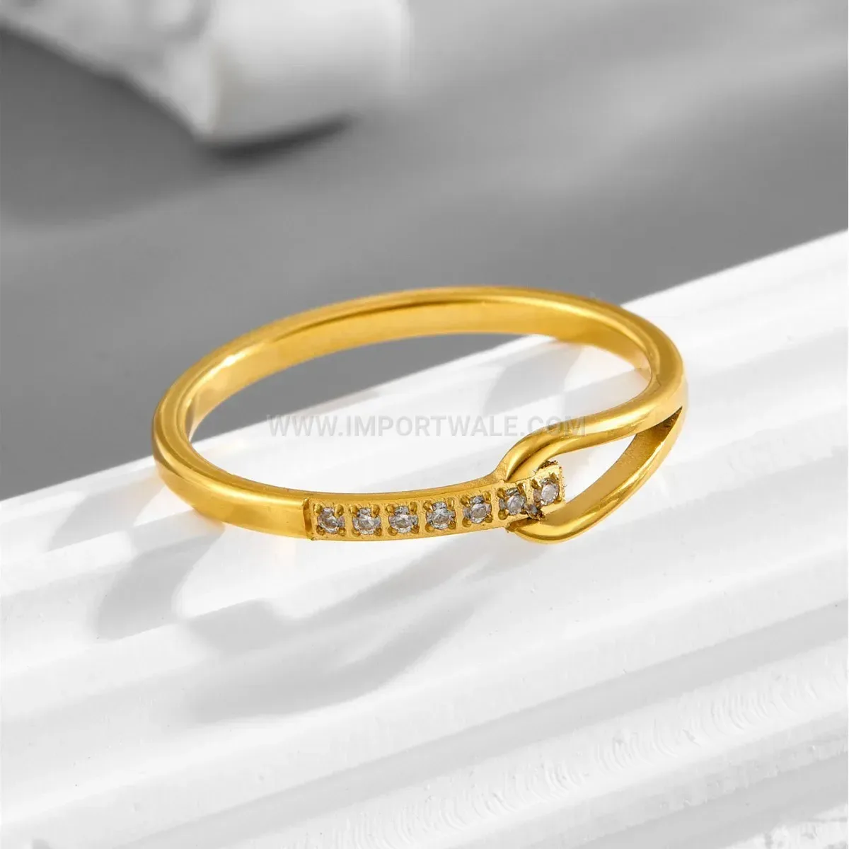 Geometrical Hollowed Titanium Steel Ring Set with Seven Zirconia Stones