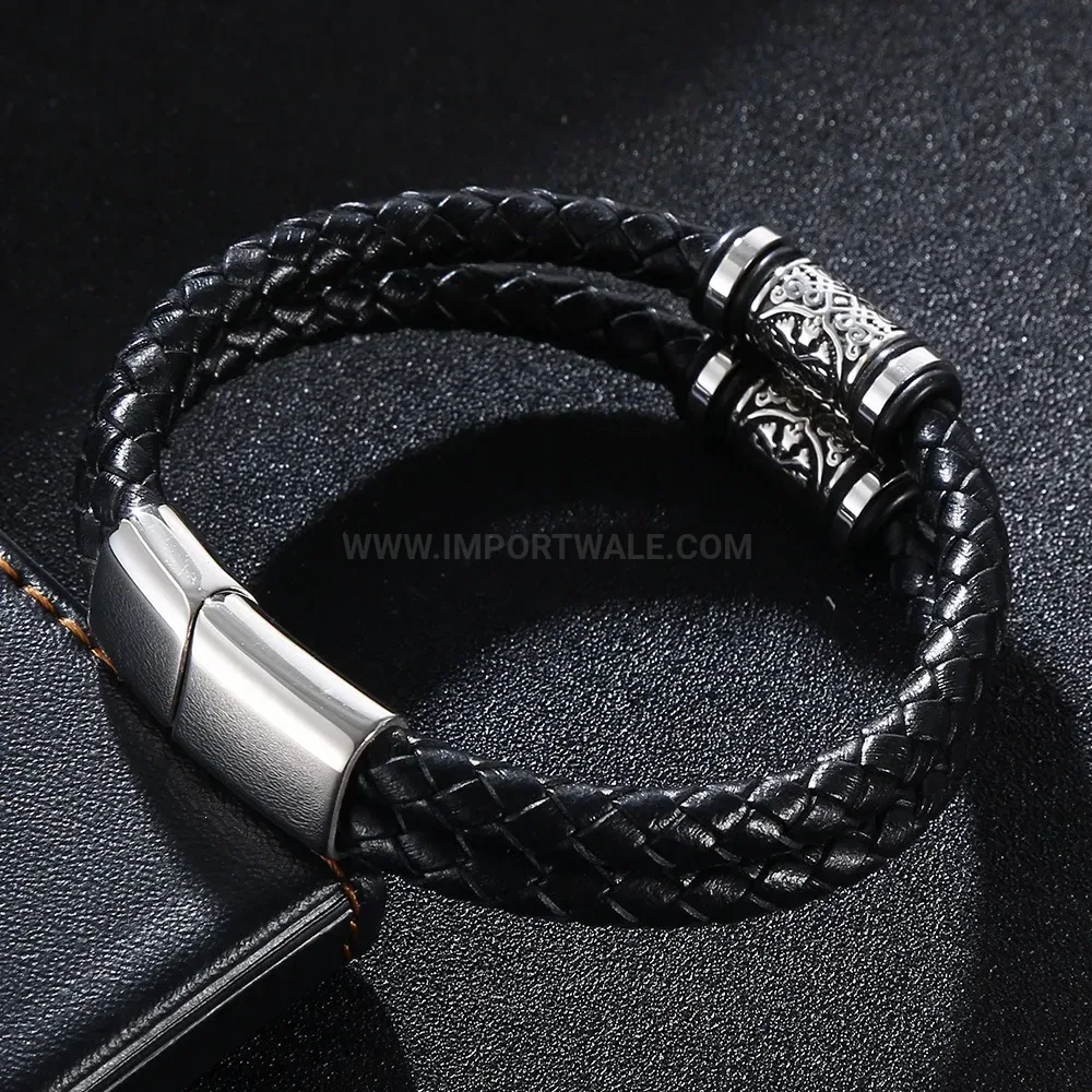 Viking Style Multi Layer Braided Leather Stainless Steel Bracelet