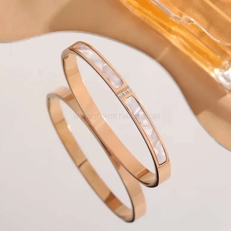 White Mother-of-Pearl Three-Stone Titanium Steel Bangle