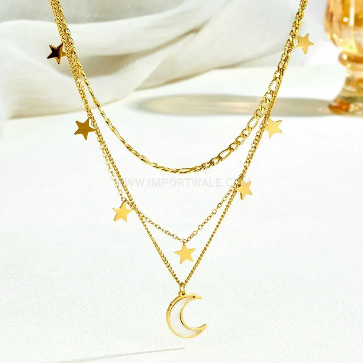 Multi Layer Stainless Steel Star and Moon Charm Necklace