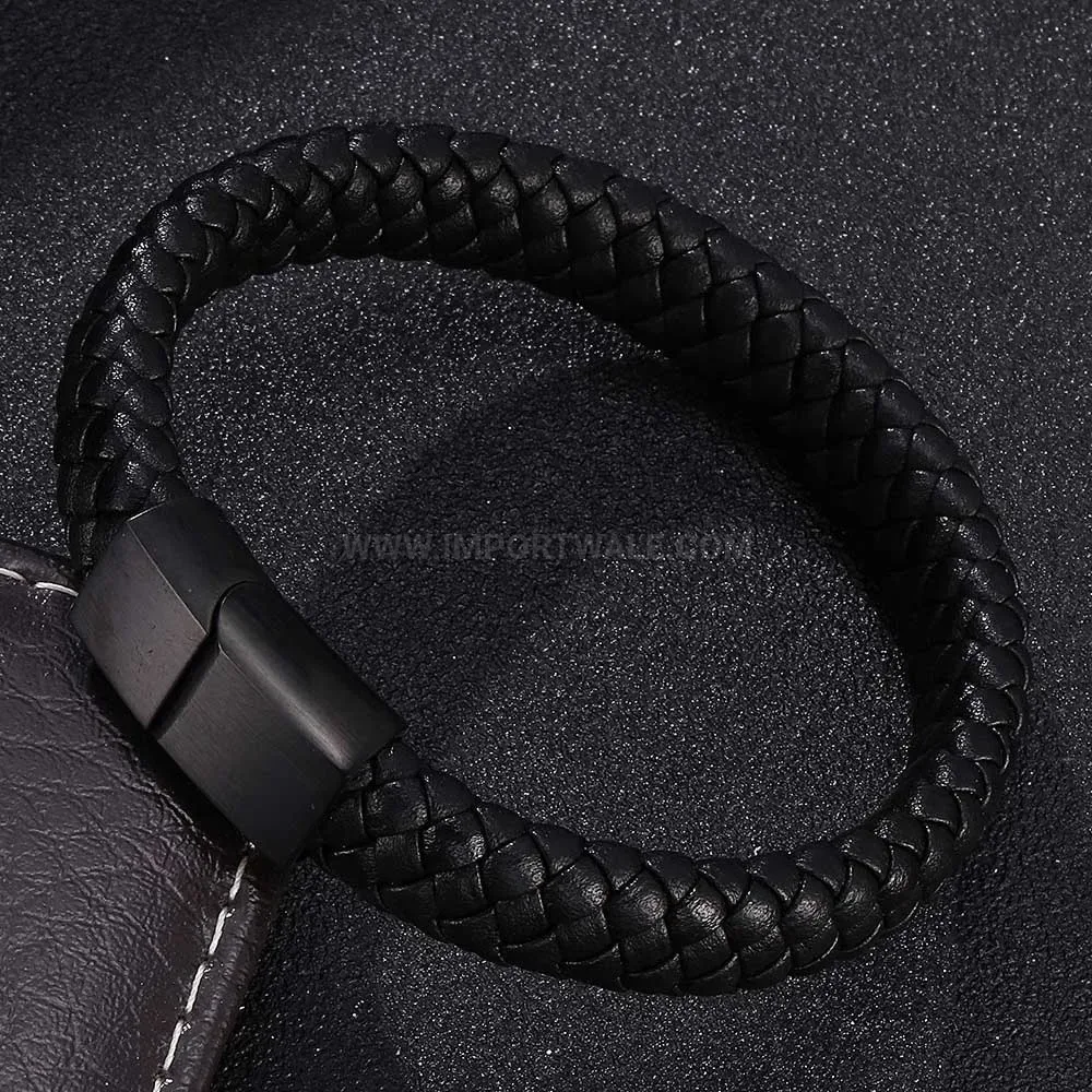 Brushed Stainless Steel Magnetic Braided Leather Bracelet