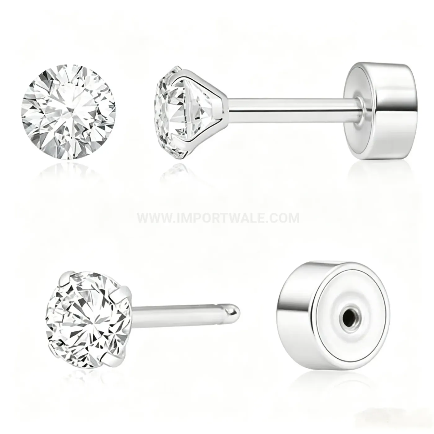 Trendy Four-Prong Zirconia Flat Back Stainless Steel Piercing Stud Earring