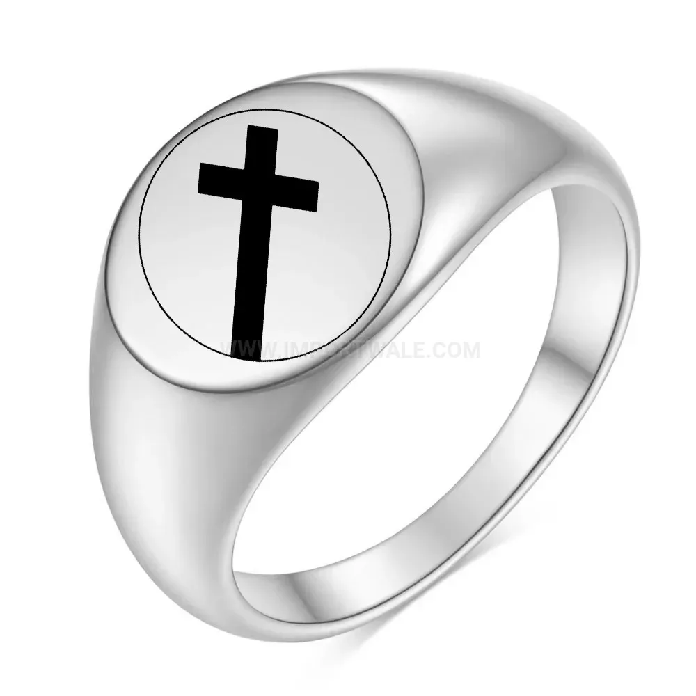 Modern Laser Engraved Cross Motif 12mm Stainless Steel Band Ring