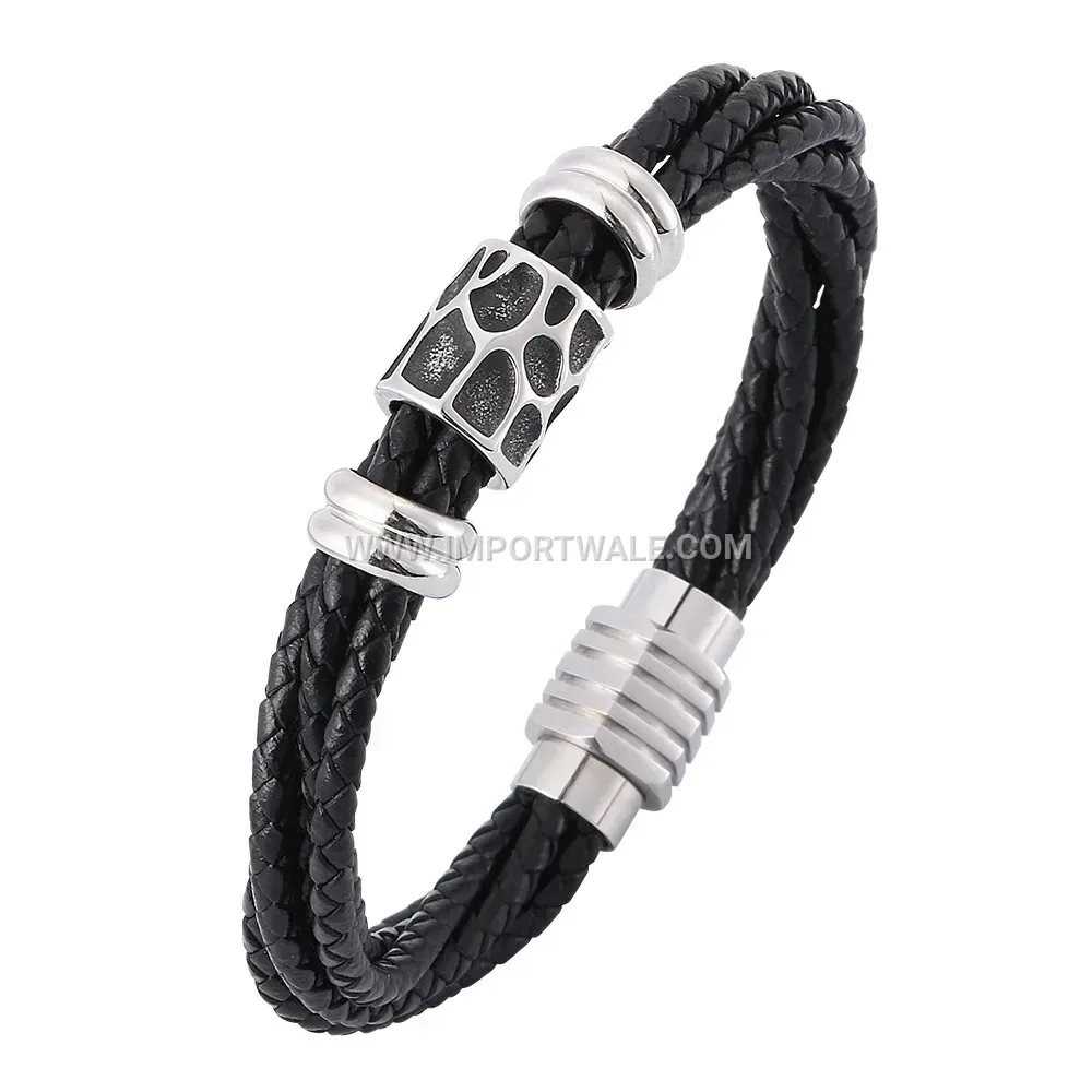 Multi Strand Braided Leather Wristband with Stainless Steel Hardware