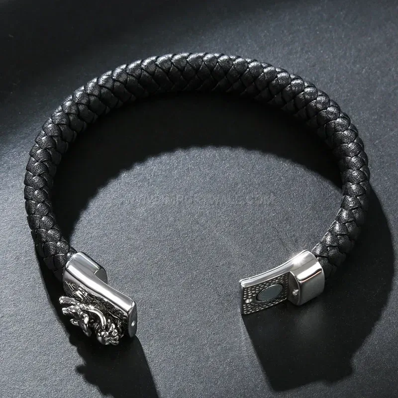 Bold Dragon Head Stainless Steel and Genuine Leather Men's Bracelet