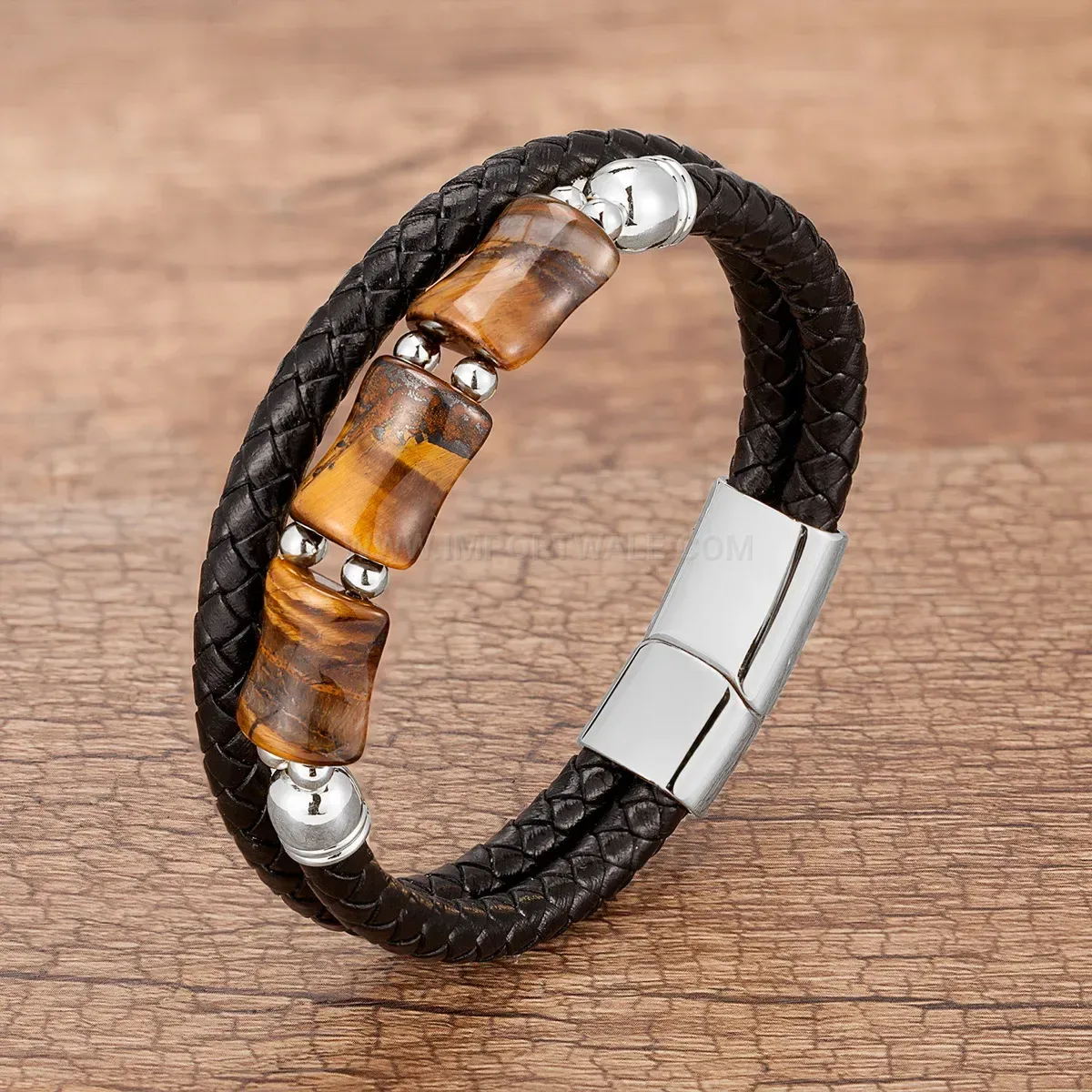 Handcrafted Woven Leather Tiger Eye Stone Stainless Steel Bracelet