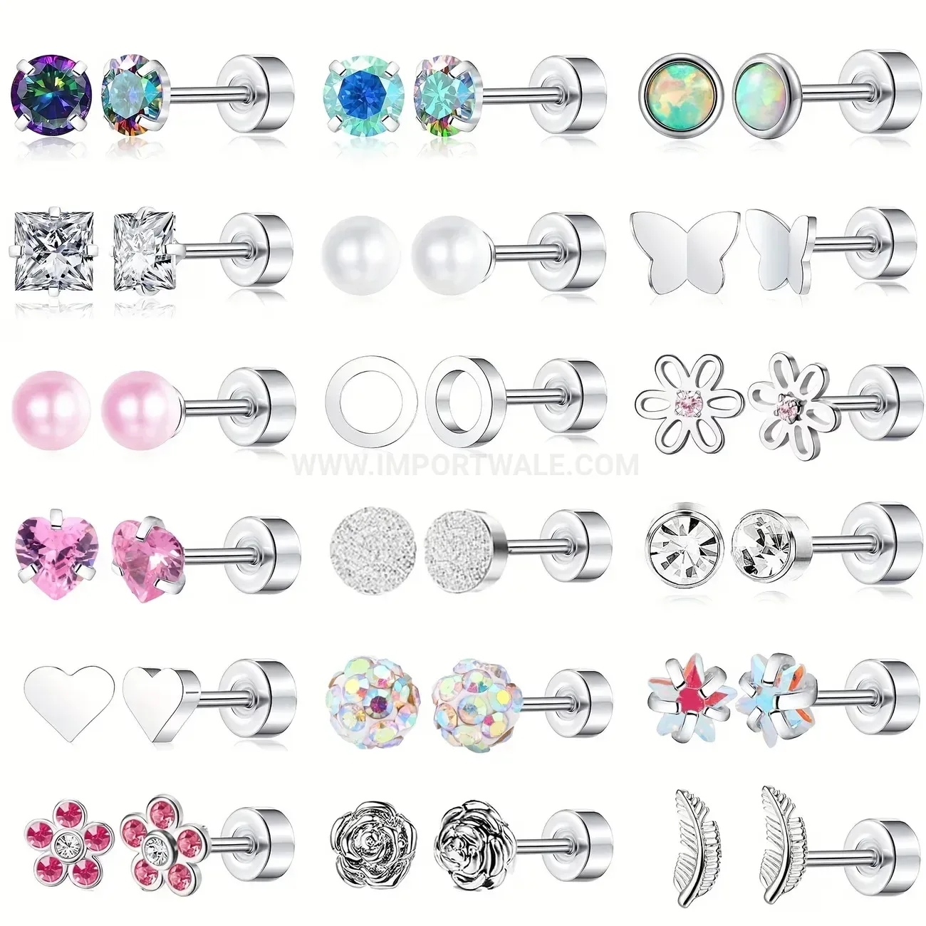 Fashion Stainless Steel Colorful Crystal Heart Flower Flat Back Earring Set