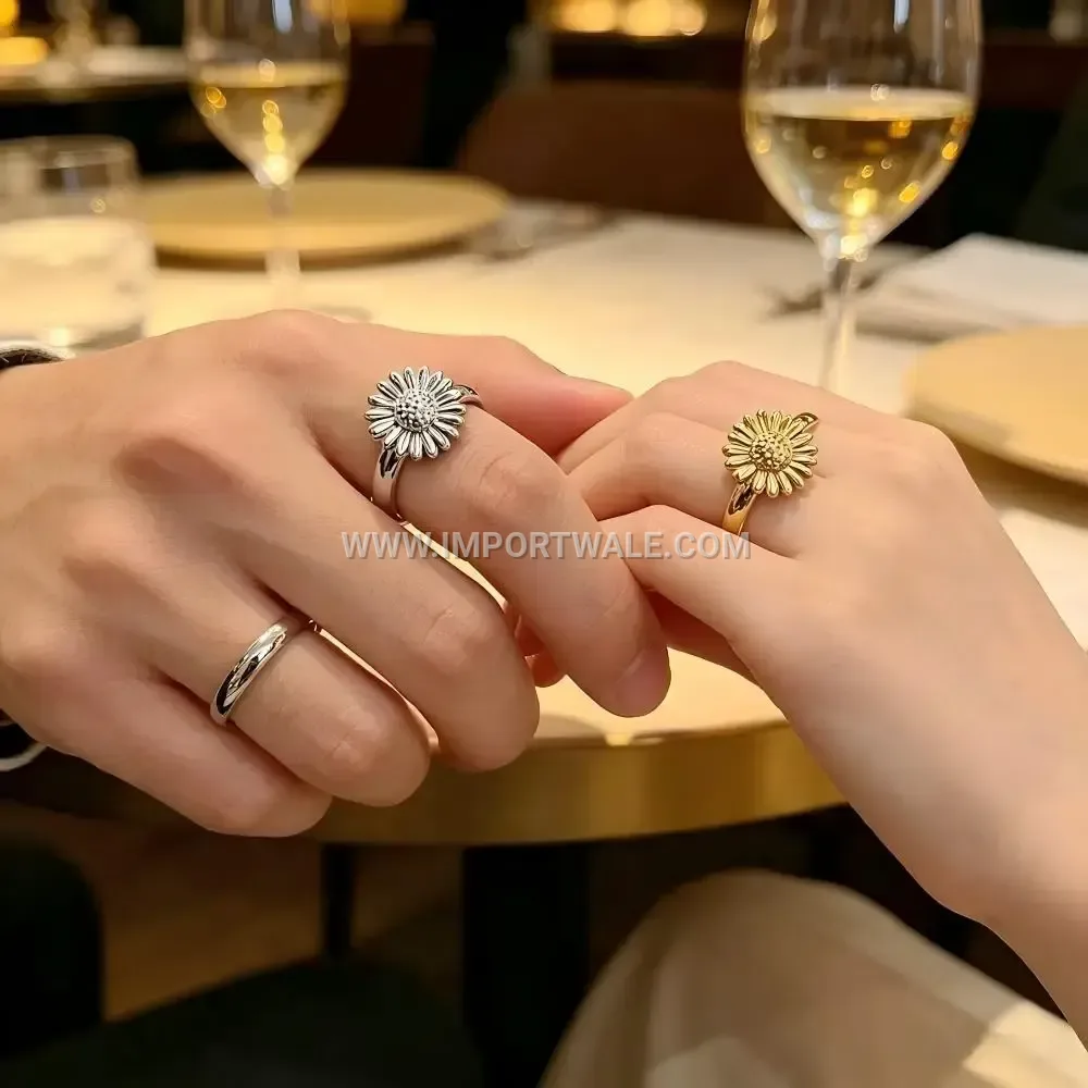 Engraved Sunflower Stainless Steel Band Ring with Gold Plating