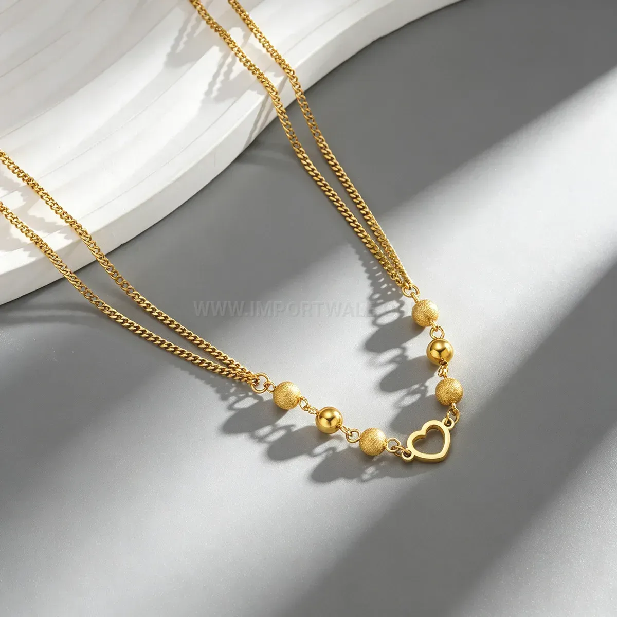 Bold Beaded Heart Pendant Gold Plated Stainless Steel Necklace