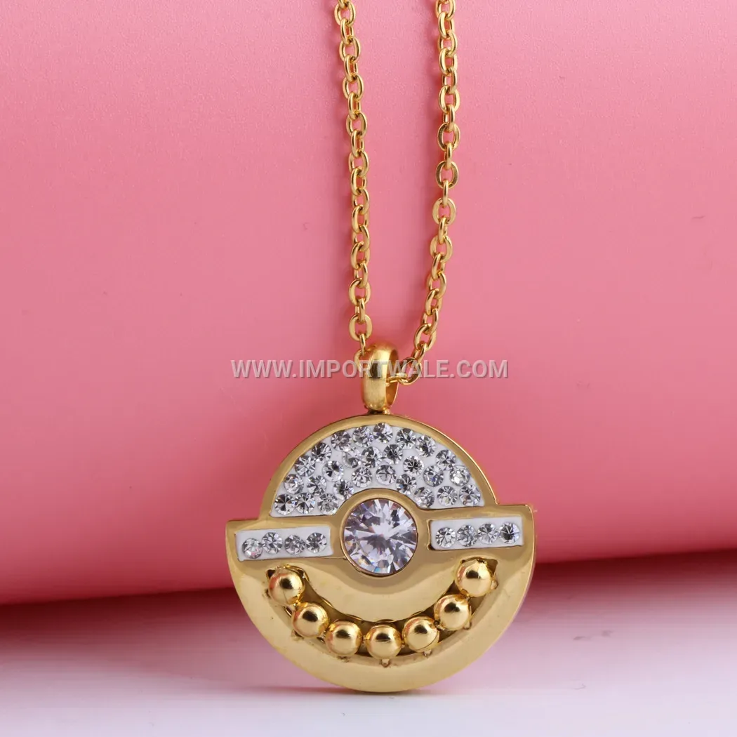 Gold Stainless Steel Geometric Rhinestone Semi-Circle Pendant Necklace