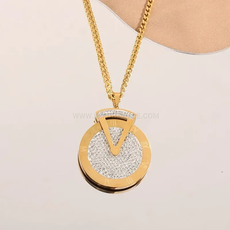Stylish Spinning Roman Numeral Rhinestone Pendant Titanium Steel Necklace
