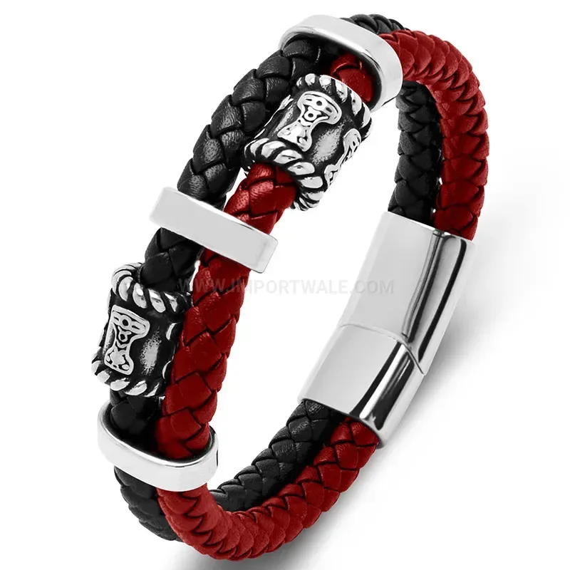 Trendy Vintage Style Stainless Steel Beaded Microfiber Leather Men Bracelet