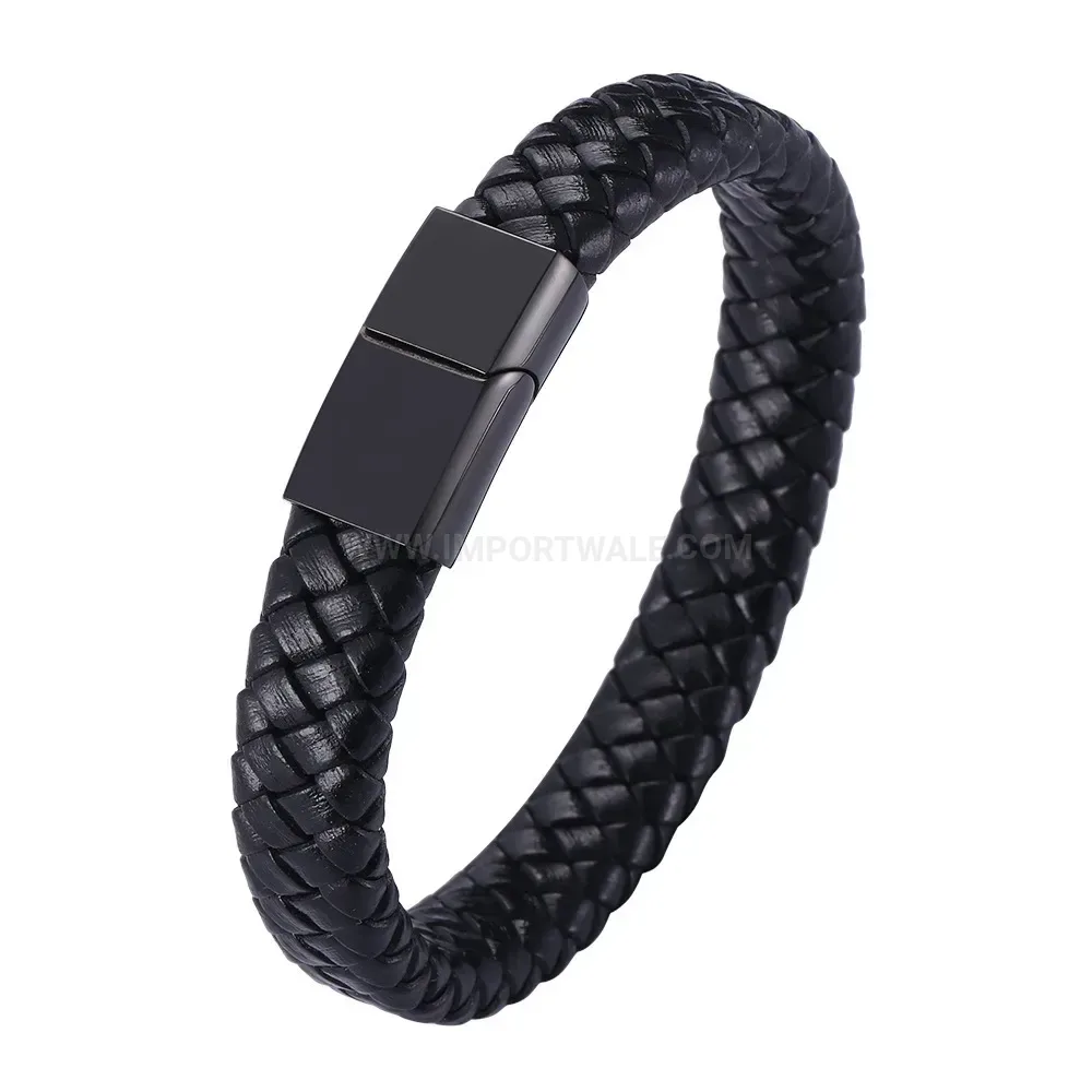 Streamlined Braided Leather Bracelet with Stainless Steel Magnetic Clasp