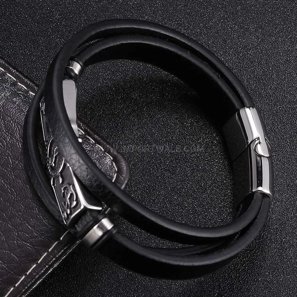 Anchor Motif Leather Bracelet with Stainless Steel Detail
