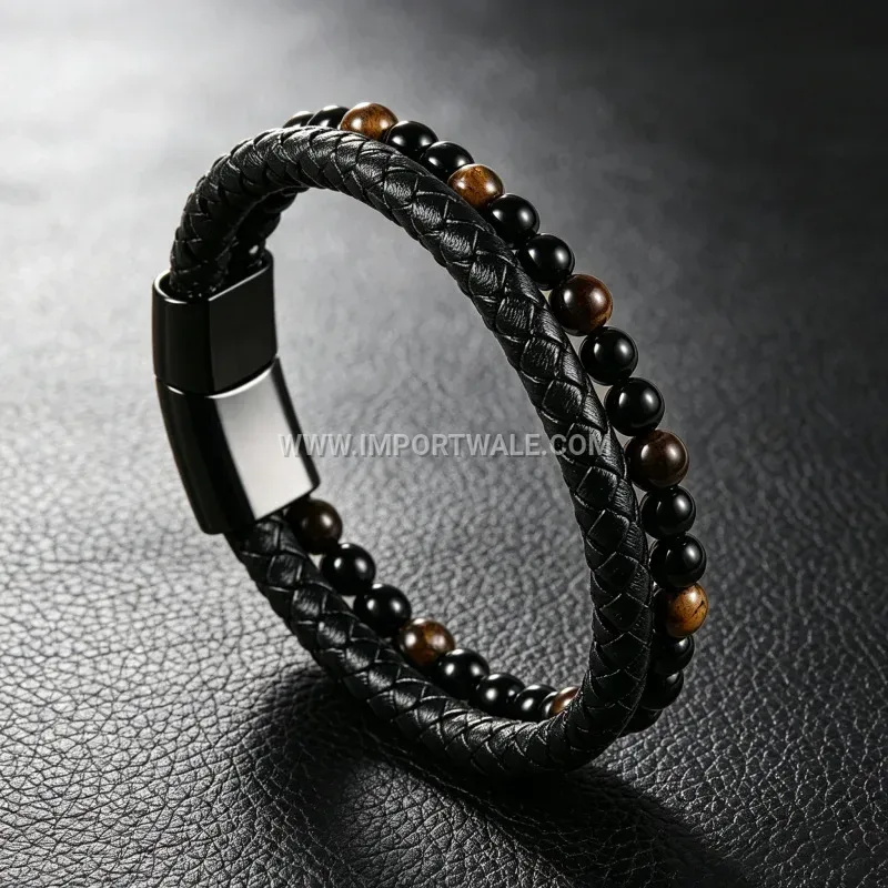 Men Braided Leather and Natural Stone Bracelet with Magnetic Clasp