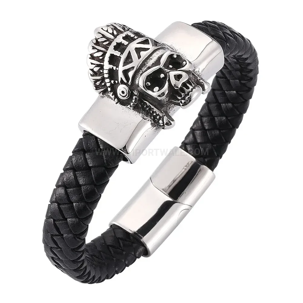 Stylish Vintage Skull Electroplated Stainless Steel Leather Wristband Bracelet