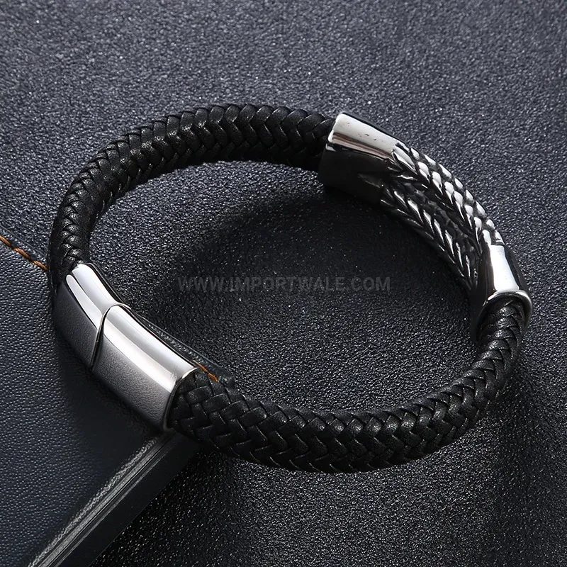 Elegant Braided Leather Stainless Steel Punk Style Wristband for Men
