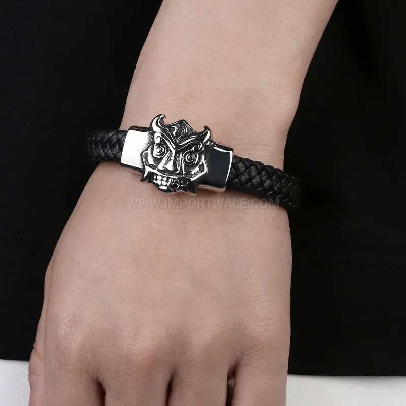Trendy Skull Mask Stainless Steel and Leather Men's Statement Bracelet