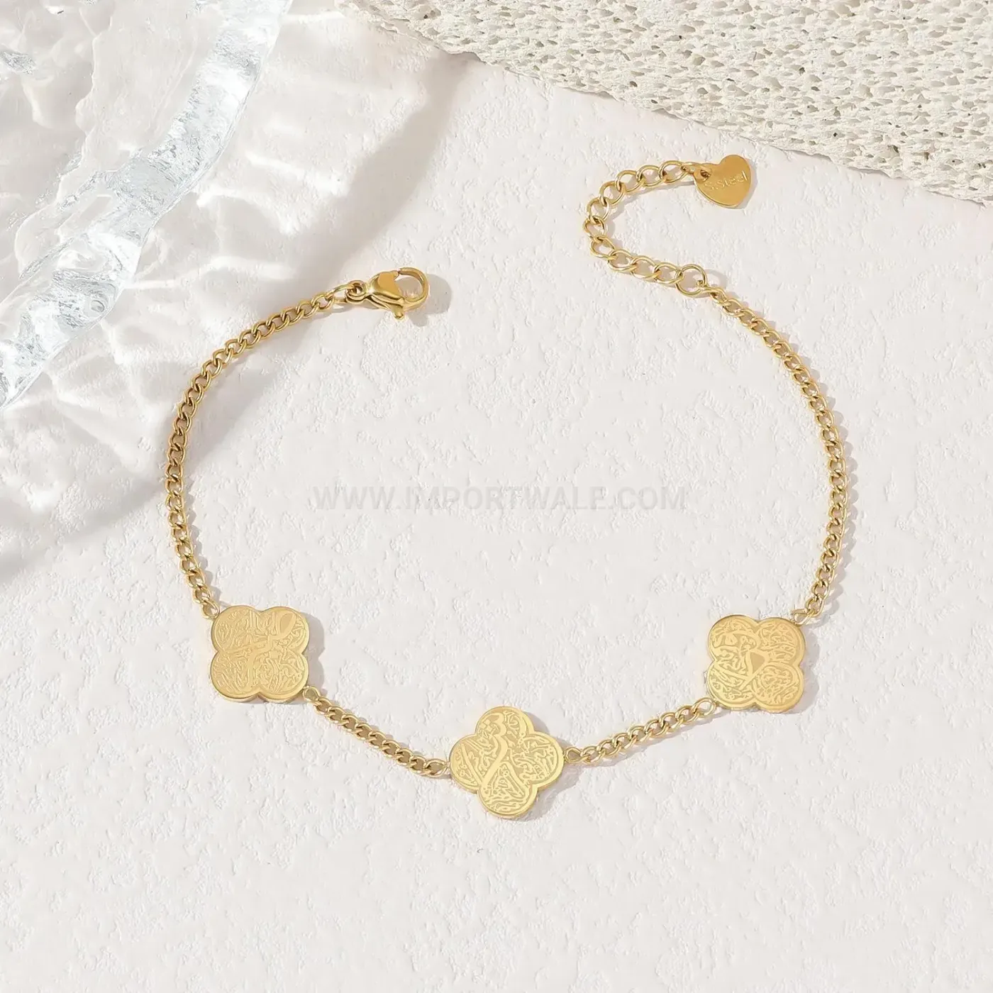 Stainless Steel Islamic Clover Engraved Charm Bracelet