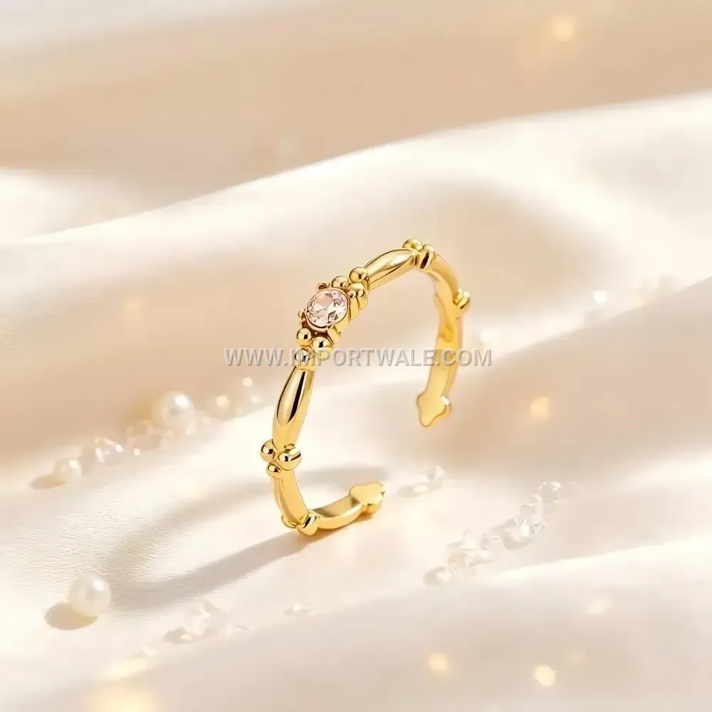 Geometric Bamboo Accent Zircon Stainless Steel Open Ring